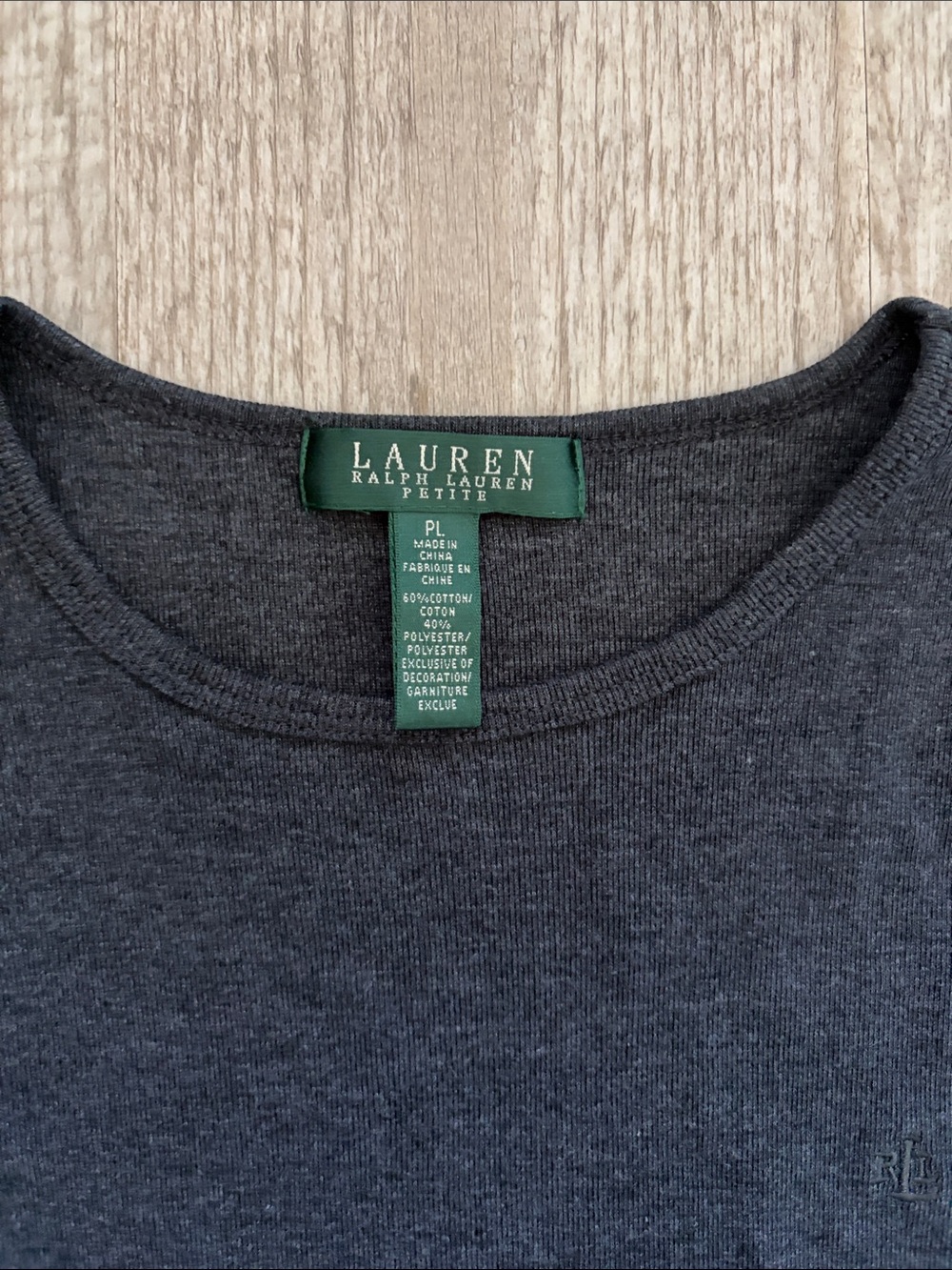 Lauren Ralph Lauren Long Sleeve Ribbed Cotton Tee Charcoal Gray & Deep Brown - Picture 3 of 12